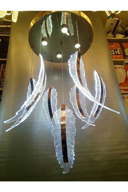 MODERN KUŞ TÜYLÜ 5 Lİ KRİSTAL LED AVİZE