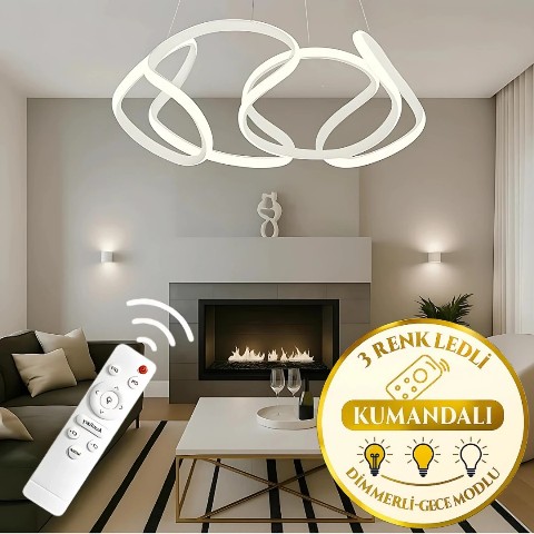 Artemis Beyaz Kumandalı 3 Renk Ledli Dimmerli Plafonyer Modern Ledli Avize