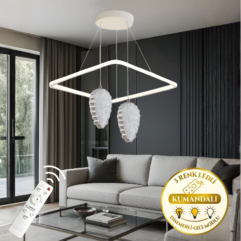 Venna Beyaz Krom Uzaktan Kumandalı 3 Renk Ledli Lüks Modern Sarkık Kare 2'Li Ledli Avize-Çap 45 cm