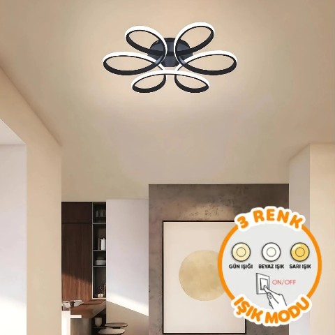 Papatya Siyah Plafonyer 3 Renk Ledli Avize Modern Led Avize  - Çap 40 cm