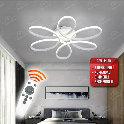 Star Beyaz Kumandalı 3 Renk Ledli Dimmerli Plafonyer Modern Ledli Avize